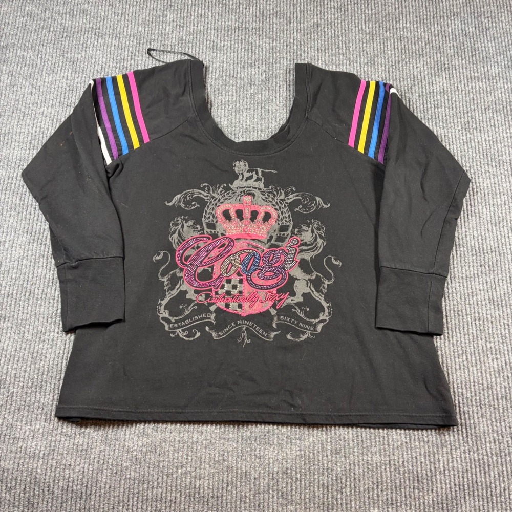 Coogi‎ Womens 2X Black Graphic Sweatshirt Rhinestone Crown Striped Shoulder